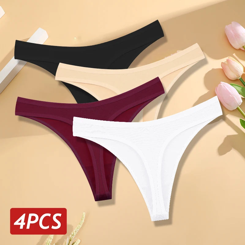 4PCS/Set Women Cotton Panties Seamless Low Rise Thongs V-Waist Solid Color Breathable Underwear Female Soft Lingerie Intimates