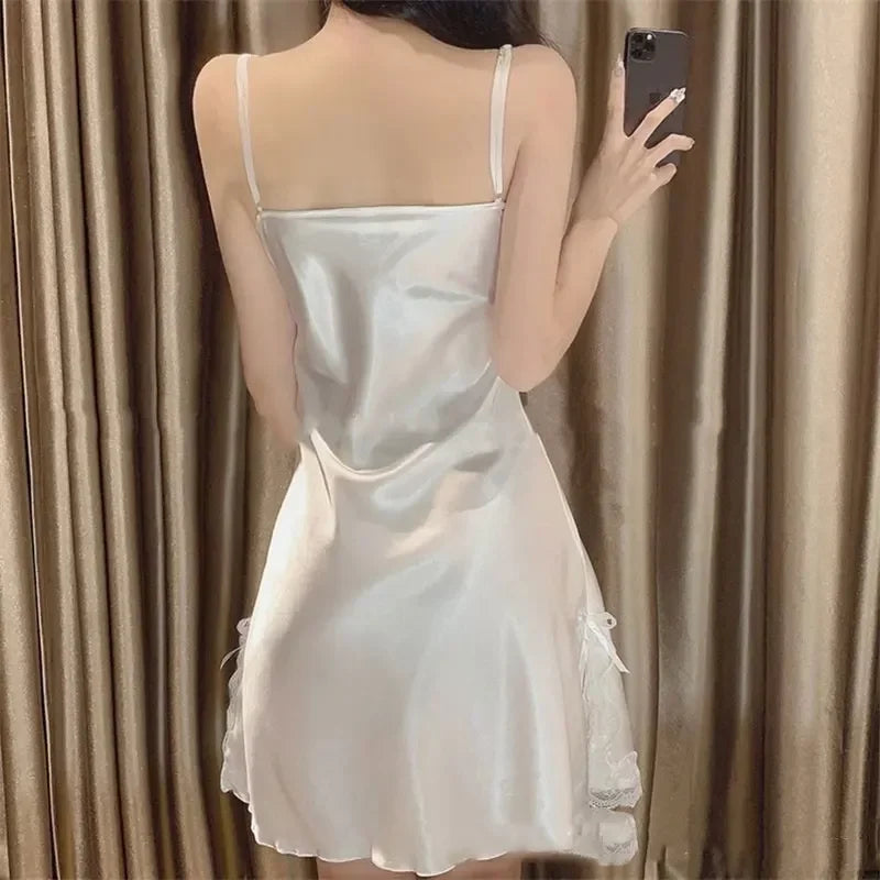 Women Nightdress Ice Slik Satin Lace Strap Sleep Dress Thin Sleepwear Sleeveless V-neck Nightgown 2024 Female Home Clothes