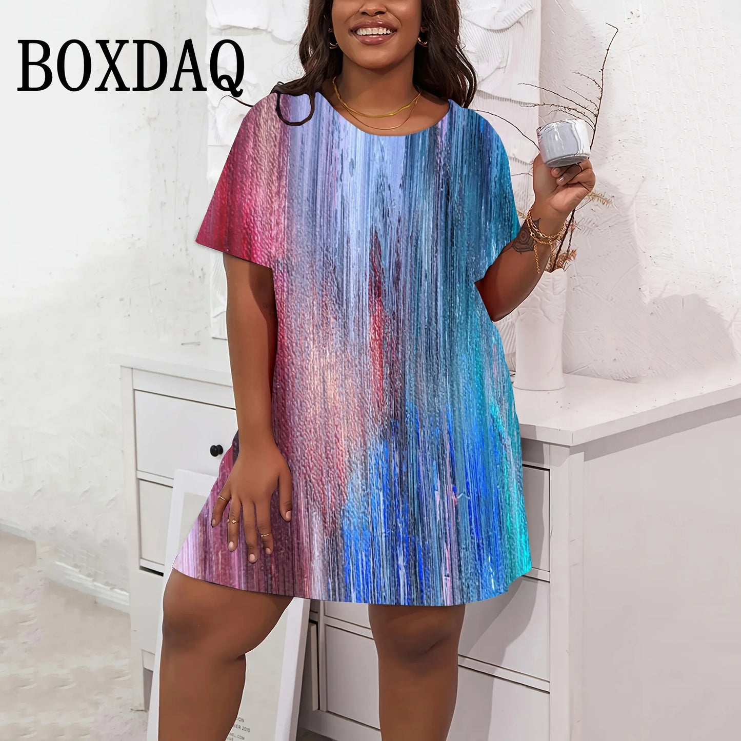 Tie Dyed Printed Dresses For Women Summer O-Neck Female Clothing Fashion New Short Sleeve Dress Streetwear Retro Plus Size 9XL