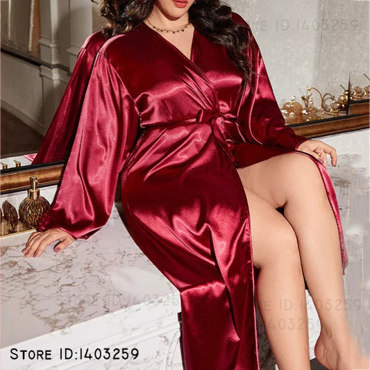 New Plus Size 5XL Satin Long Robe Nightgown Spring Black Kimono Bathrobe Gown Home Clothing Loose Sleepwear Lounge Wear Lingerie