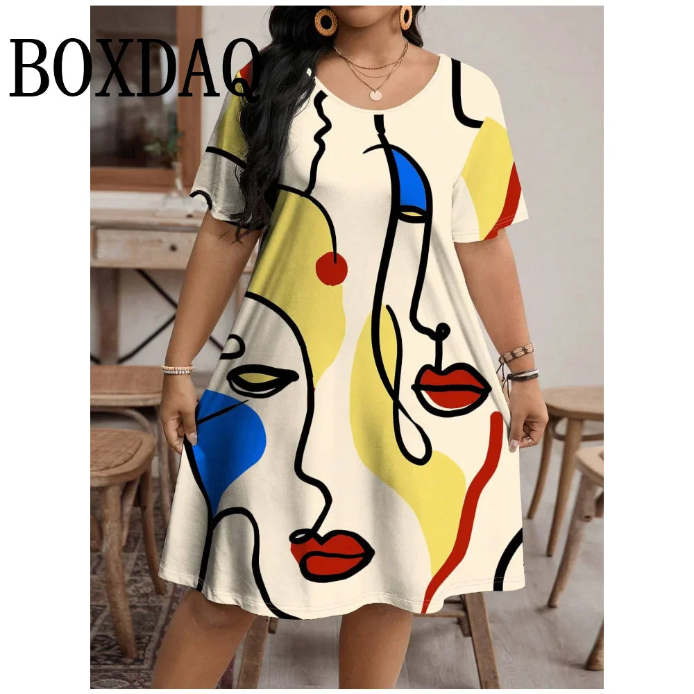 Fashion Women Clothing Artistic Face Line 3D Print Dresses Summer Loose Plus Size Dresses Casual Short Sleeve A-Line Dresses 9XL