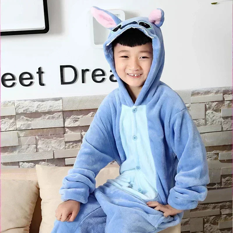 Disney Stitch Pajamas Cartoon Winter Warm Cosplay Stitch Plush Pajamas Home Clothes Set Boys Girls Birthday Christmas Gifts