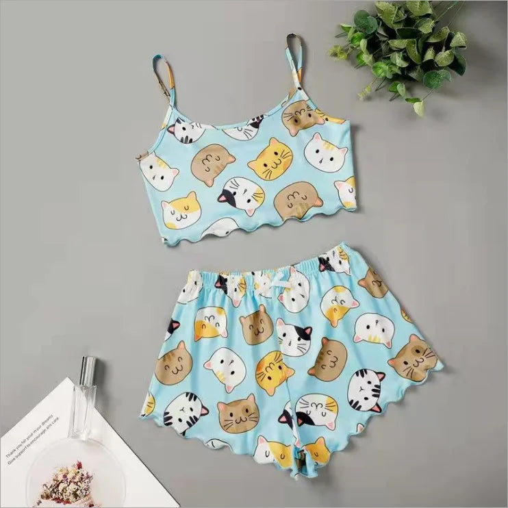 Hot Women's Sleepwear Cute Cartoon Print Short Set Pajamas for Women Pajama Set Sweet Short Sleeve V-Neck & Shorts Summer Pijama