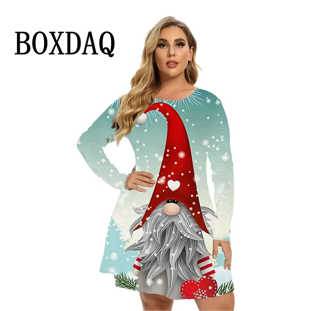 Funny Christmas Print Women Dresses Long Sleeve Casual Sunflowers Loose Plus Size Clothing Fashion Ladies Hip Hop Dress 2024 9XL