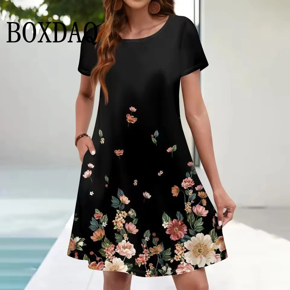 Women'S Casual Sundress Loose Pockets Summer Boho Beach Dress Floral Dress For Women Short Sleeve Dress Plus Size Clothing 9XL