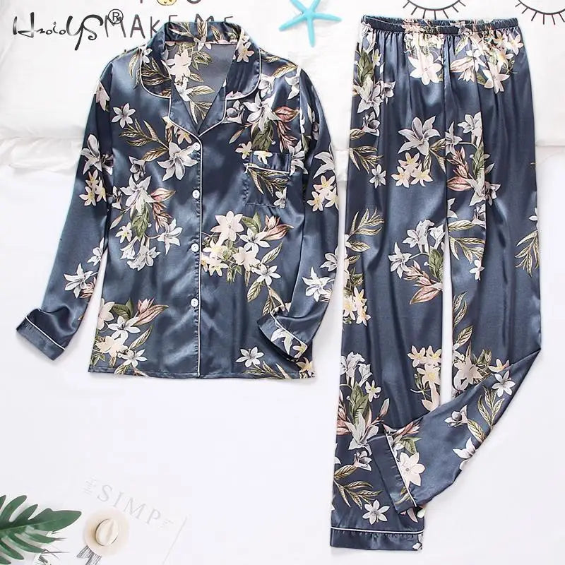 Spring Autumn pajama women Silk Satin pajamas set Long sleeve Shirt with Trouser Sleepwear Loungewear Female Pyjamas Suits Mujer