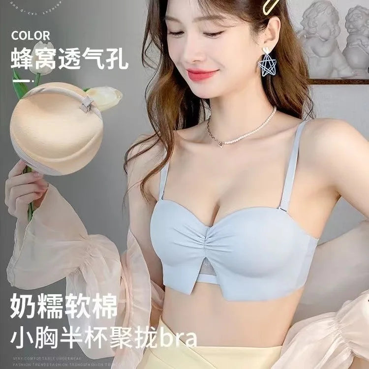 Half Cup girls small bosom gathered underwear no steel ring large AA Cup flat-chested strapless non-slip bra set