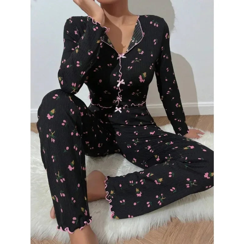 Autumn Winter Floral Print Pajamas Set for Women Sleepwear Long Sleeve Top and Long Pants 2 Piece Casual Homewear Loungewear