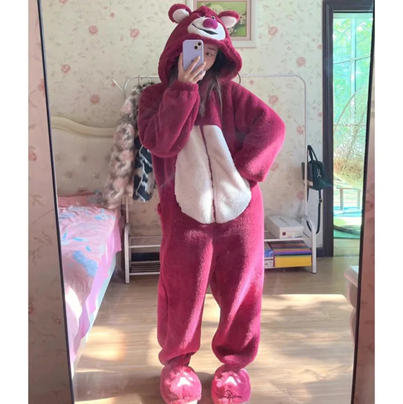 Women Onesie Animal Pajamas Winter Thicken Warm Flannel Bear Cosplay Halloween Costume Anime Sleepwear Plush One Piece Jumpsuits