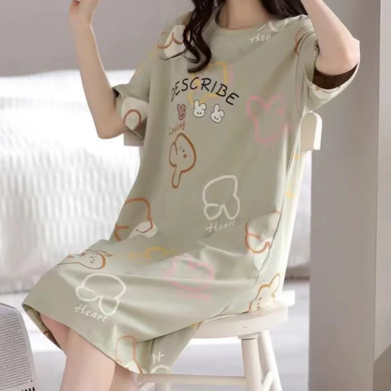 Plus Size Milk Silk Women Nightgowns L-5XL Short Sleeves Sleepshirt Casual Nightdress Cartoon Sleepwear Woman Leisure Lingerie