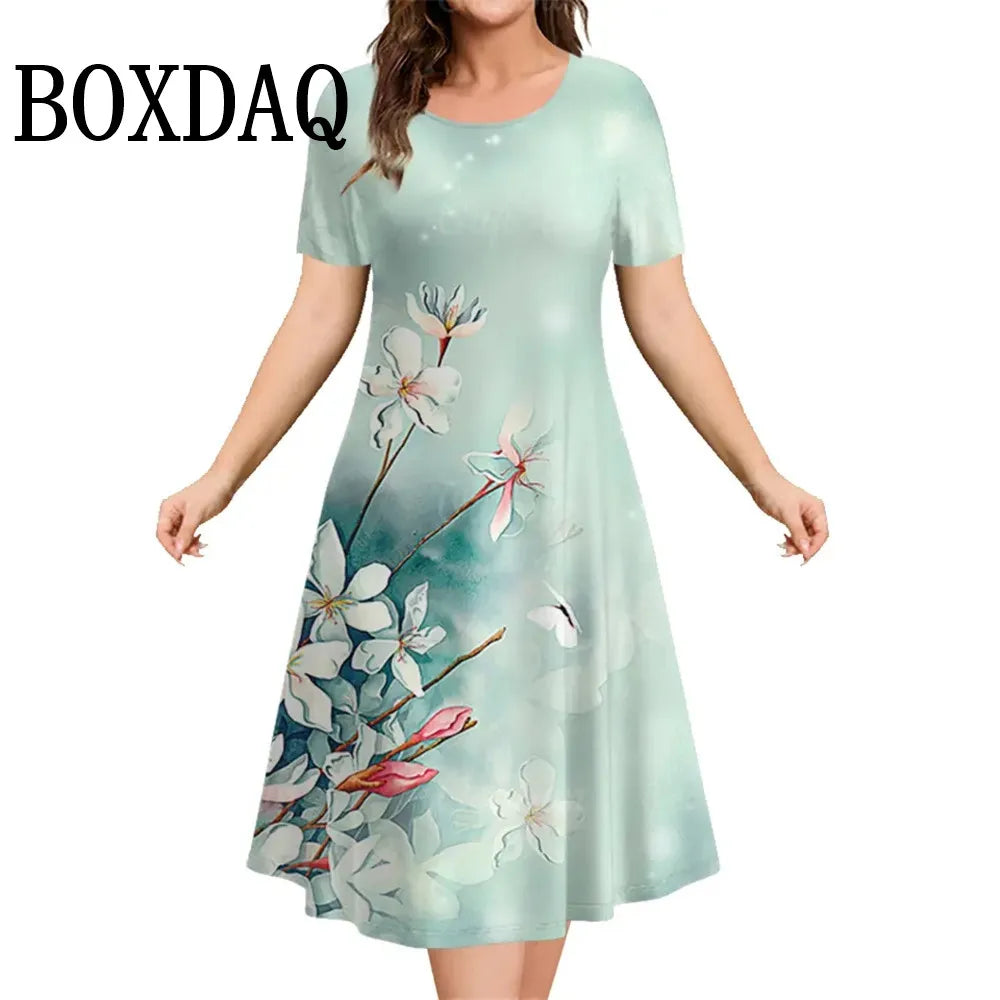 Fashion Elegant Women’S Dresses Loose A-Line Dress Women Short Sleeve Dress Flowers Print Casual Ladies Plus Size Clothing 9XL