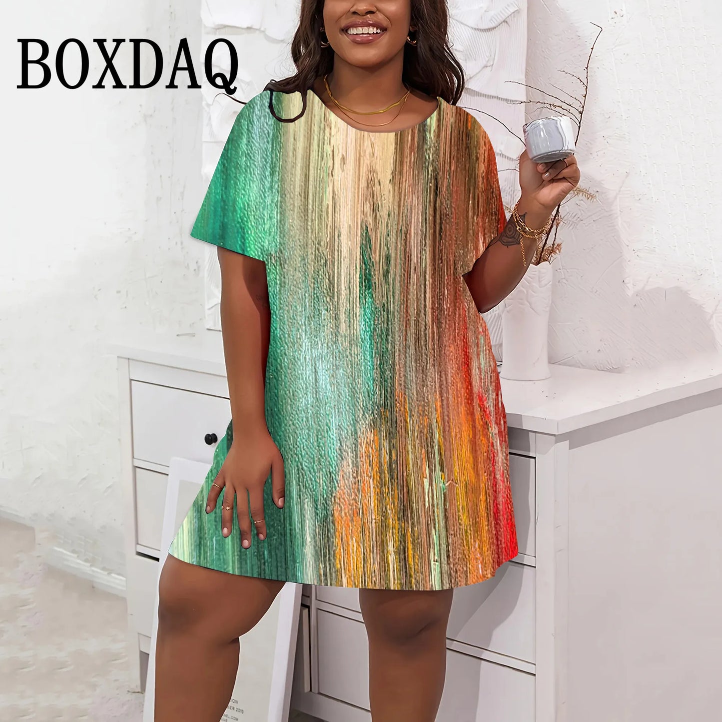 Tie Dyed Printed Dresses For Women Summer O-Neck Female Clothing Fashion New Short Sleeve Dress Streetwear Retro Plus Size 9XL