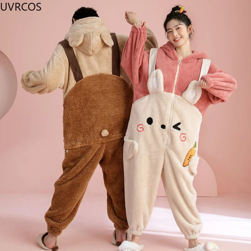 Sweet Cute Warm Couple Pajamas Cartoon Onesies Winter Kawaii Bunny Ears Hooded Women Sleepwear Home Clothes Men Pyjamas Jumpsuit