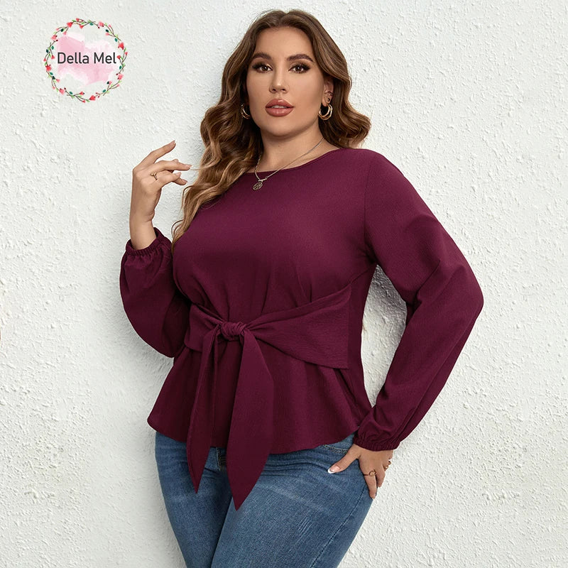 Della Mel Plus Size Women Clothing O-Neck Solid Tops Fashion Elegant Long Sleeve Office Female Casual Large Size Lady Blouses