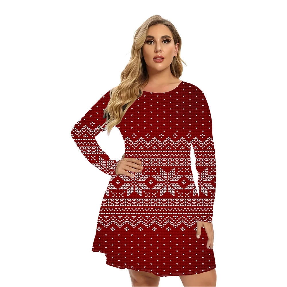 Women Christmas Clothing Long Sleeve Christmas Snowflake Print O-Neck Mini Dress Autumn Winter Casual Loose Plus Size Dress 9XL