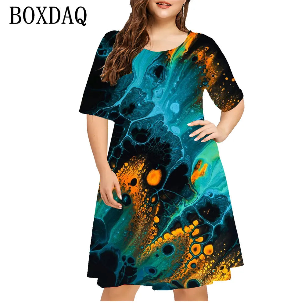 Tie Dye Splash-Ink Print Dresses Women Abstract New Pattern Loose Plus Size Dress Casual Short Sleeve Oversized Clothing 8XL 9XL