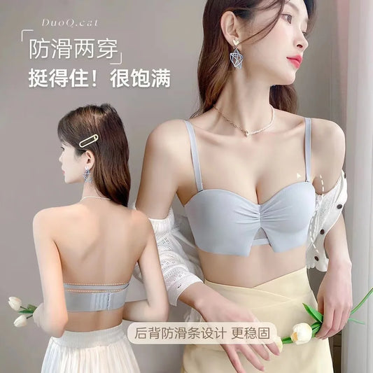 Half Cup girls small bosom gathered underwear no steel ring large AA Cup flat-chested strapless non-slip bra set