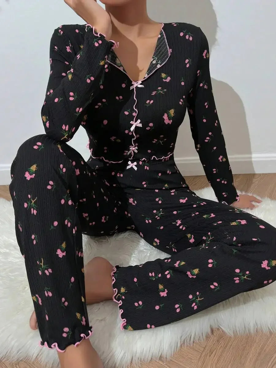 Autumn Winter Floral Print Pajamas Set for Women Sleepwear Long Sleeve Top and Long Pants 2 Piece Casual Homewear Loungewear