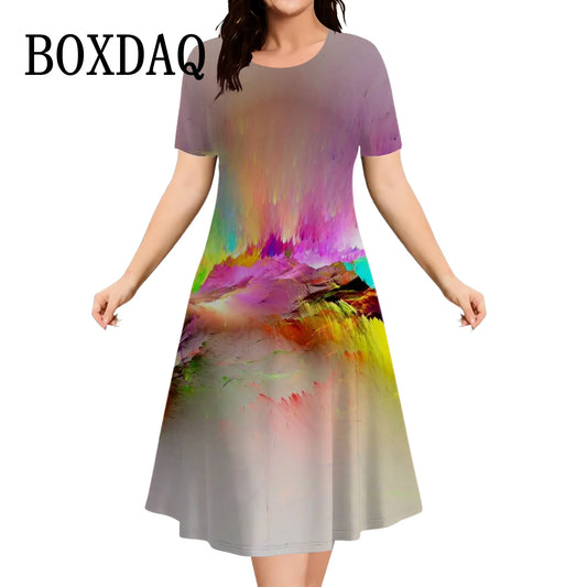 Summer Dresses Fashion Women Gradient Tie Dye 3D Printing Dress 2025 Streetwear Casual Short Sleeve Loose Plus Size Clothing 9XL