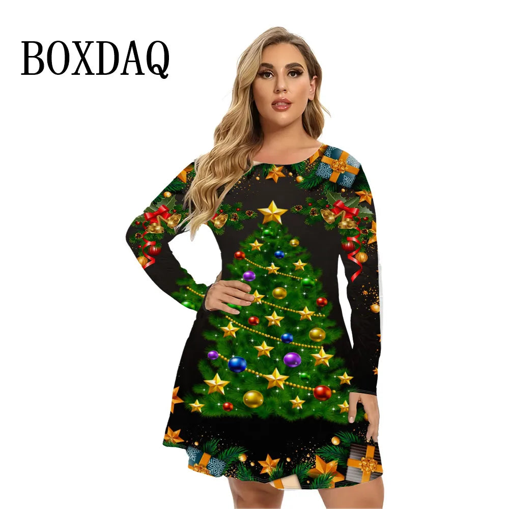 2024 Autumn Winter Long Sleeve Christmas Party Dresses Women Cute Santa Claus A-Line Dress Casual Loose Plus Size Clothing 9XL