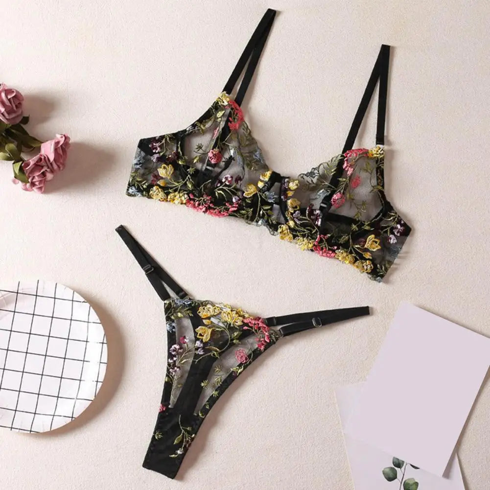 Floral Embroidery Lingerie Set Women Sheer 2-Piece Boho Bra + Panty Underwear Set Intimates