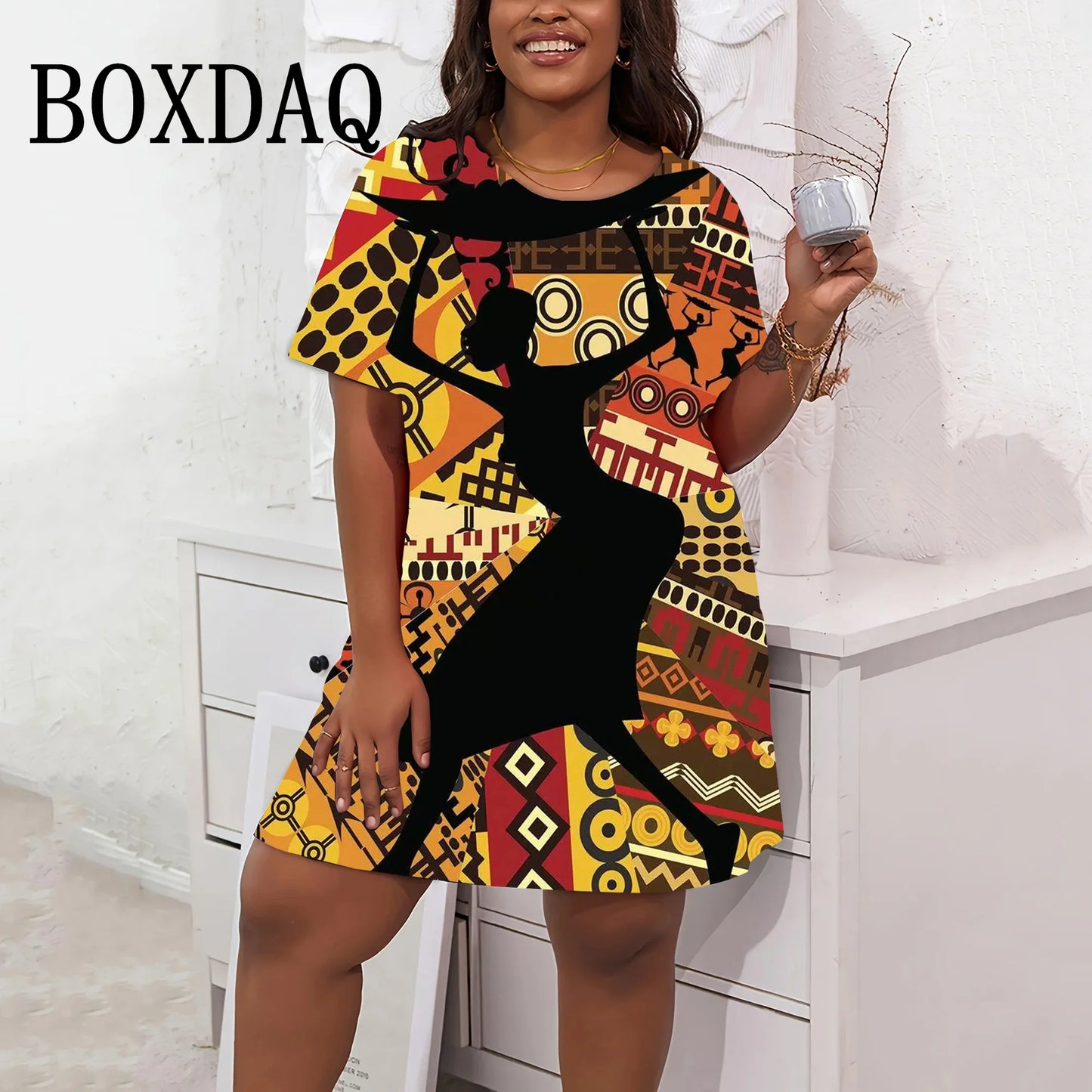 Fashion Summer 3D African Horde Dress Women Casual Loose Short Sleeve Plus Size Dresses Streetwear Art Retro Classic Short Dress