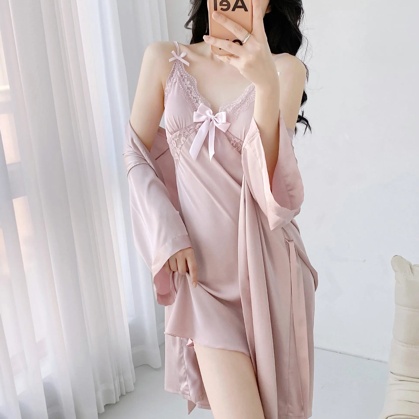 Robe Chemise Bow Applique Nightgown Women Satin Sleepwear Two Pieces Sleep Set Summer V-Neck Nightwear Lounge Intimate Lingerie