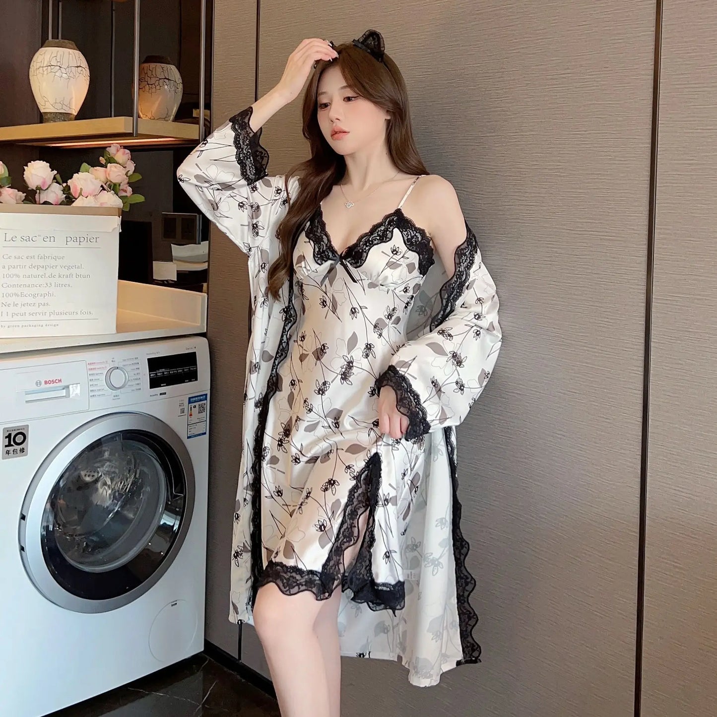 Print Twinset Robe Set Bride Nightgown Women Lace Gown Kimono Nightwear Lingerie Bathrobe Set Rayon Sleepwear Loungewear