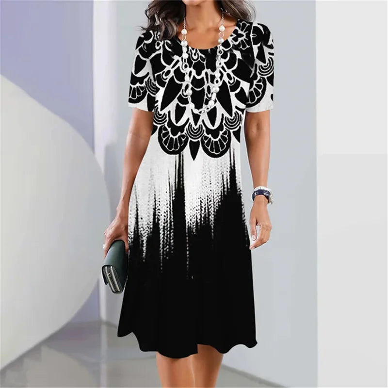 8XL 9XL Plus Size Women Dress Loose Casual Short Sleeve O-Neck Dress 3D Gradient Print Big Size Streetwear Clothing Ladies Dress