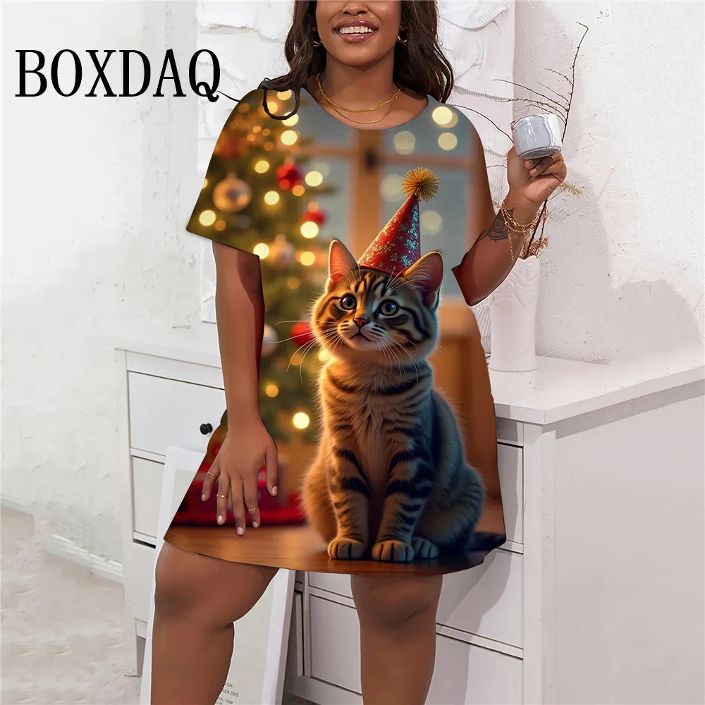 2024 Summer Women Dresses Sweet Cute Cat Print Dress Fashion Streetwear Clothing Casual Short Sleeve Loose Plus Size Dress 9XL