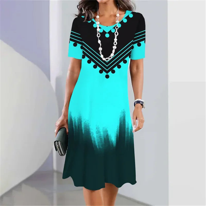 8XL 9XL Plus Size Women Dress Loose Casual Short Sleeve O-Neck Dress 3D Gradient Print Big Size Streetwear Clothing Ladies Dress