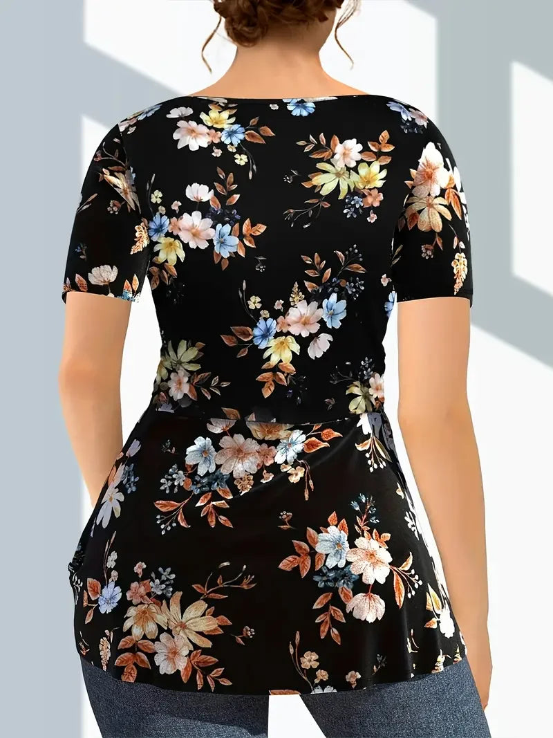 Plus Size Women's Floral Print Twist Front T-shirt Elegant V Neck Short Sleeve Top for Summer Women's Clothing for Daily Wear