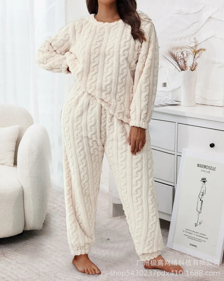 Plus Size Woman Clothing Striped Coral Fleece Long Sleeved Pullover High Waisted Pants Winter Warm Casual Women's Sleepwear Set