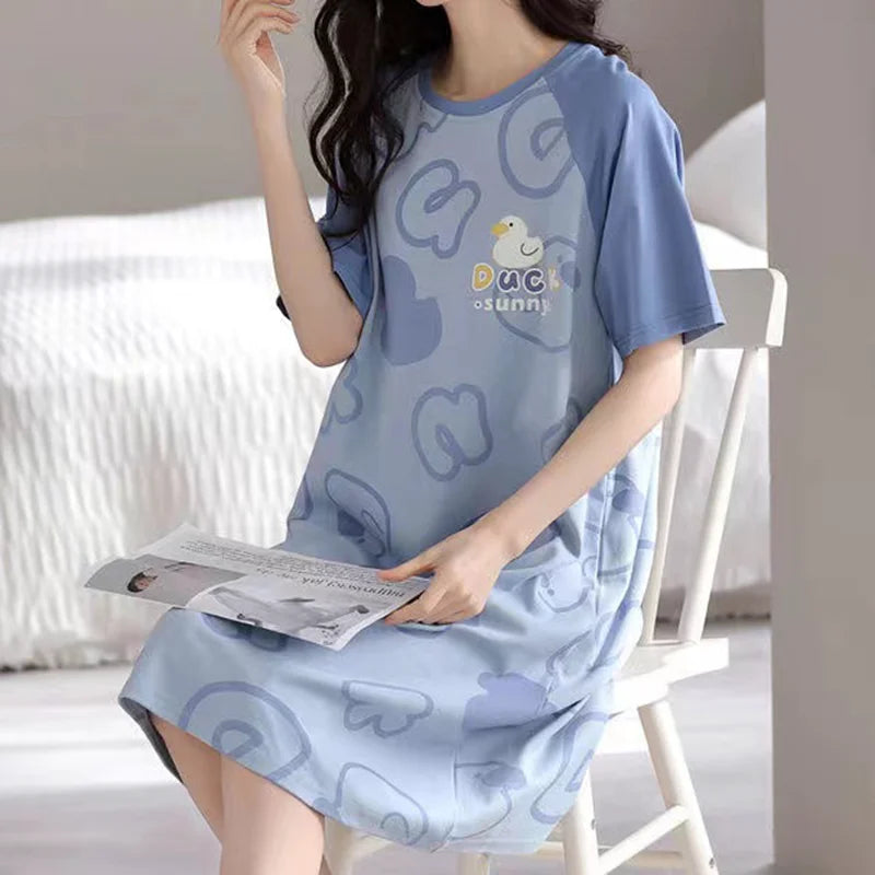 Plus Size Milk Silk Women Nightgowns L-5XL Short Sleeves Sleepshirt Casual Nightdress Cartoon Sleepwear Woman Leisure Lingerie