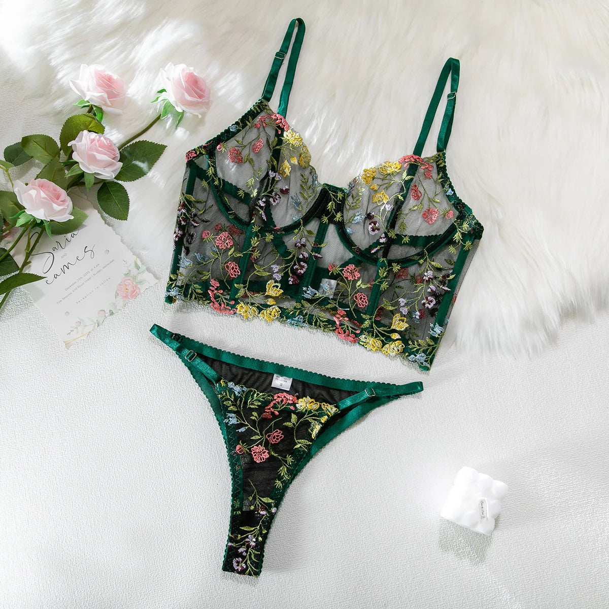 2024 Floral Embroidery Exotic Apparel Suit with Fishbone Steel Ring Women Solid Tank Top Strap Bra Triangle Panty Underwear Set