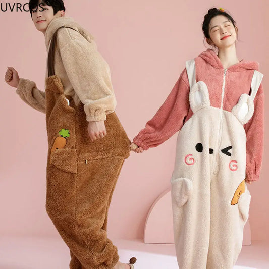 Sweet Cute Warm Couple Pajamas Cartoon Onesies Winter Kawaii Bunny Ears Hooded Women Sleepwear Home Clothes Men Pyjamas Jumpsuit