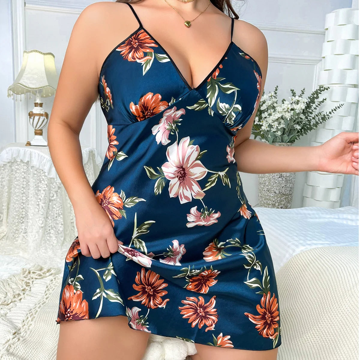 Large Size 3XL-5XL Nightgown Female Chemise Sleepwear Intimate Lingerie Print Flower Nightdress Satin Home Clothes Lounge Wear