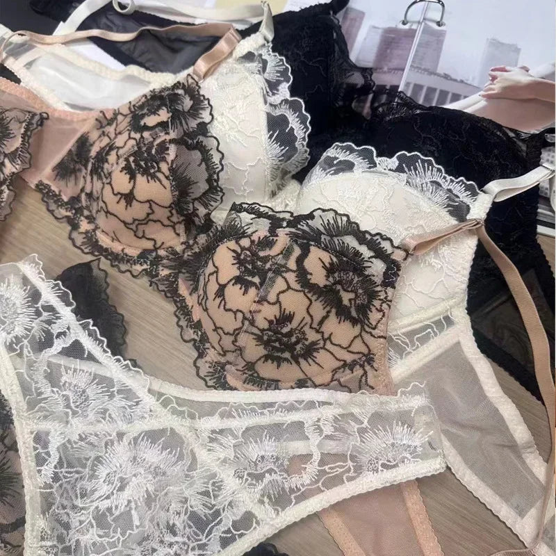 Women Lace Bra Set Thin Lingerie Set Elegant Ladies Daily Underwear Micro Bikini Thong Bra and Panty Set