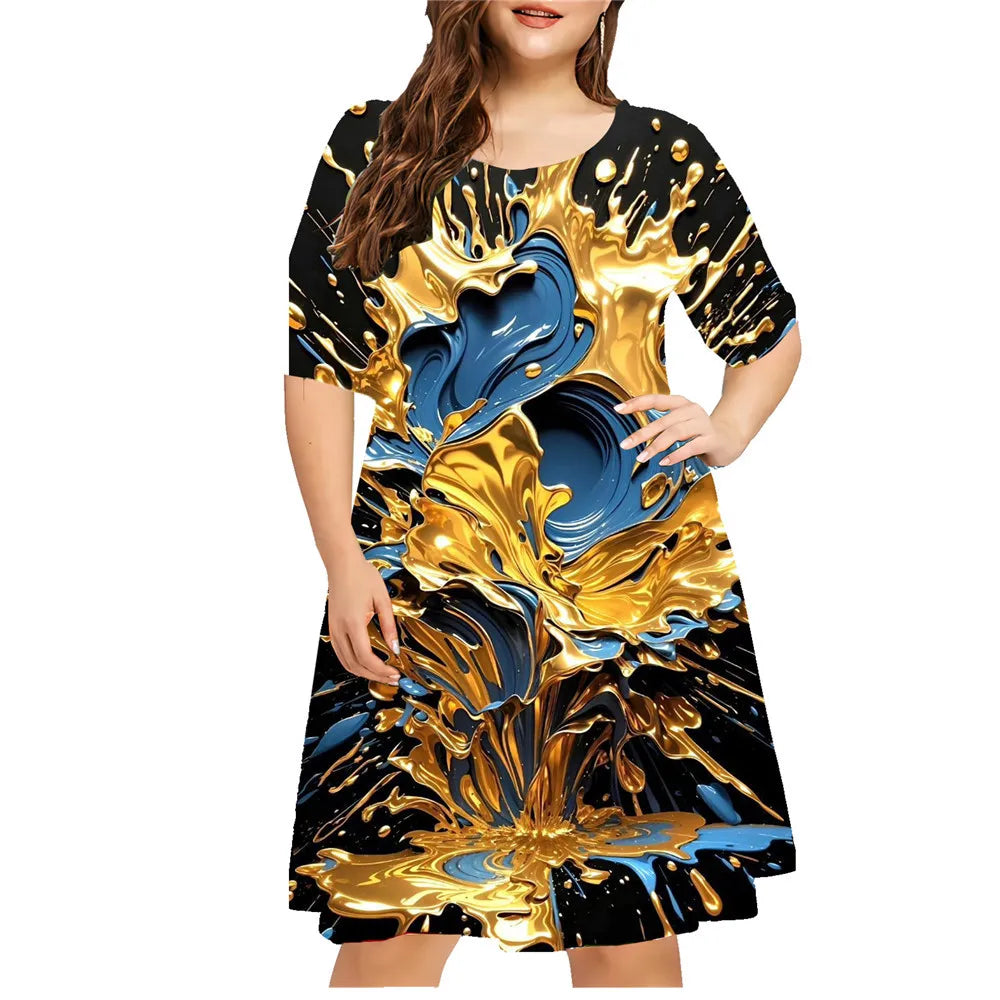 Tie Dye Splash-Ink Print Dresses Women Abstract New Pattern Loose Plus Size Dress Casual Short Sleeve Oversized Clothing 8XL 9XL