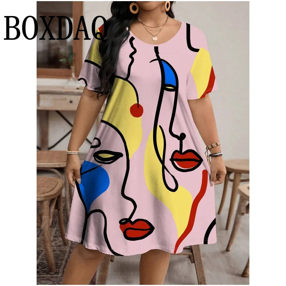 Fashion Women Clothing Artistic Face Line 3D Print Dresses Summer Loose Plus Size Dresses Casual Short Sleeve A-Line Dresses 9XL