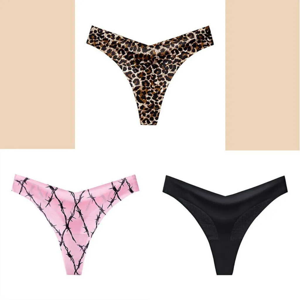 3pcs T Back Panty for Women String Seamless Ice Silk Exy Low Waist Thong Sports Bikini Plus Size Female Print Leopard Underwear