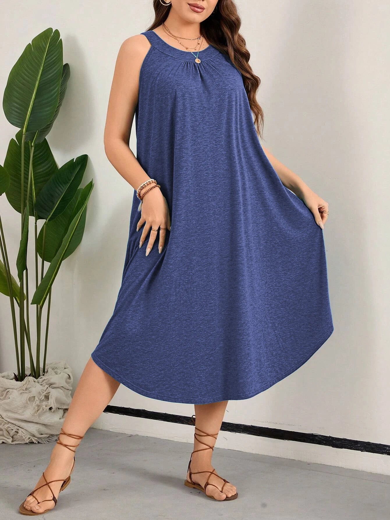 Elegant and Beautiful Beach Women's Summer Clothing Fashion Plus Size party Solid O-neck Sleeveless Women's Dress Free Shipping