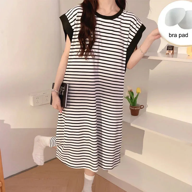 Women Modal Striped Nightgowns With Bra Pad 2024 Summer Sleeveless Sleepwear Female Nightdress Ladies Casual Loose Home Clothes