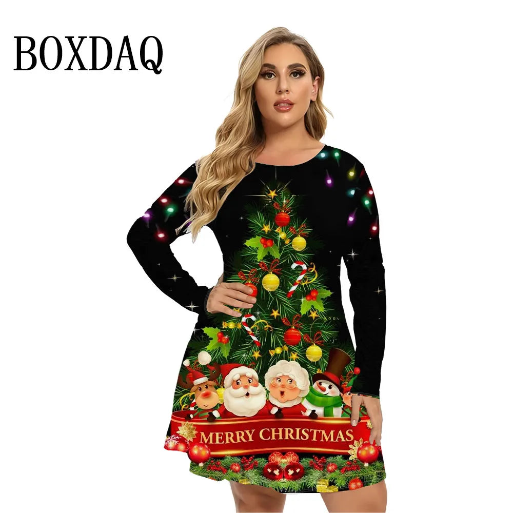 Christmas Tree Party Women Dresses For Winter 2024 Long Sleeve Cartoon Cute Funny Pattern 3D Print Dress 9XL Plus Size Clothing