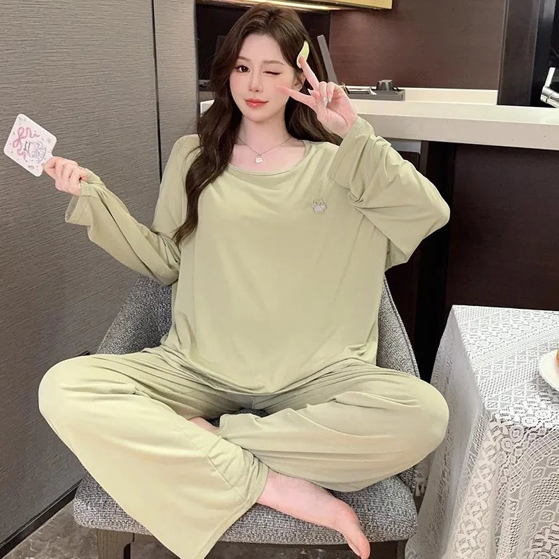 M-5XL Spring Autumn Plus Size Modal Women's Pajamas Set Casual Loose Sleepwear Pijama Suit New Comfortable Home Wear Clothing