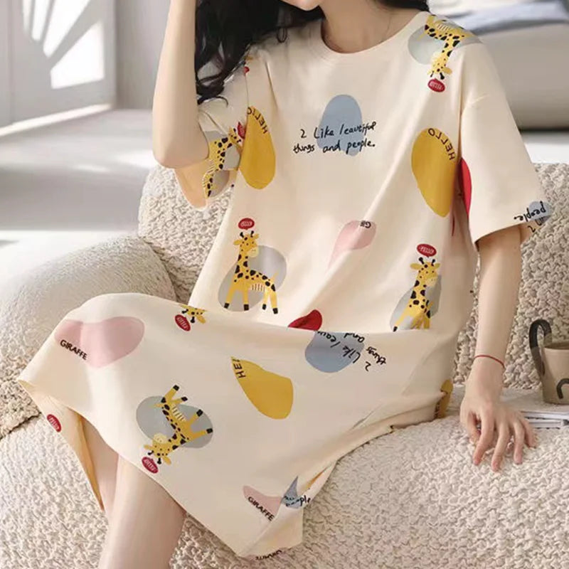 Plus Size Milk Silk Women Nightgowns L-5XL Short Sleeves Sleepshirt Casual Nightdress Cartoon Sleepwear Woman Leisure Lingerie