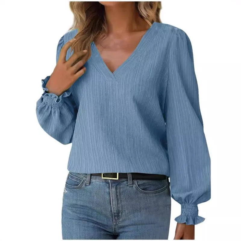 Autumn Simple Long Sleeved Solid Pullover Women's Shirt Office Lady OL Workwear Basic V Neck Spring Blouse Fall Top Blusas Mujer