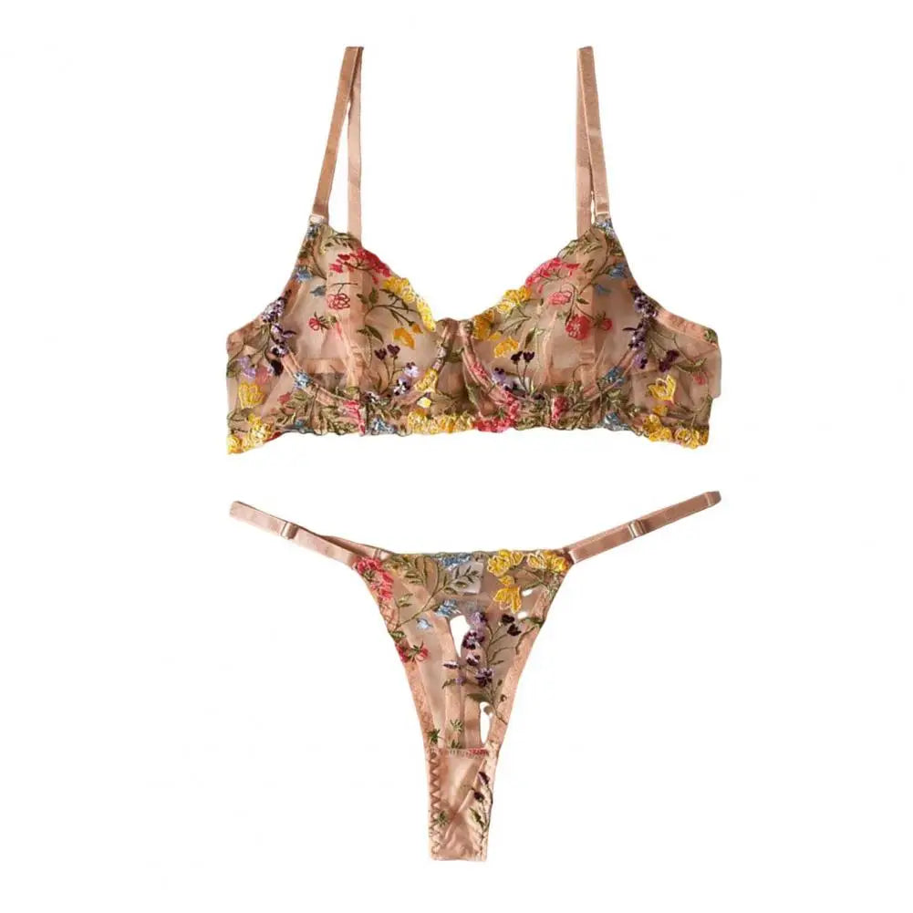 Floral Embroidery Lingerie Set Women Sheer 2-Piece Boho Bra + Panty Underwear Set Intimates