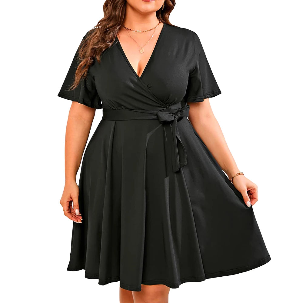 Plus Size Fashion Dress 2024 Women Solid V Neck Short Sleeve Lace Up Mini Dresses Ladies Evening Party Gowns Sundress Clothing