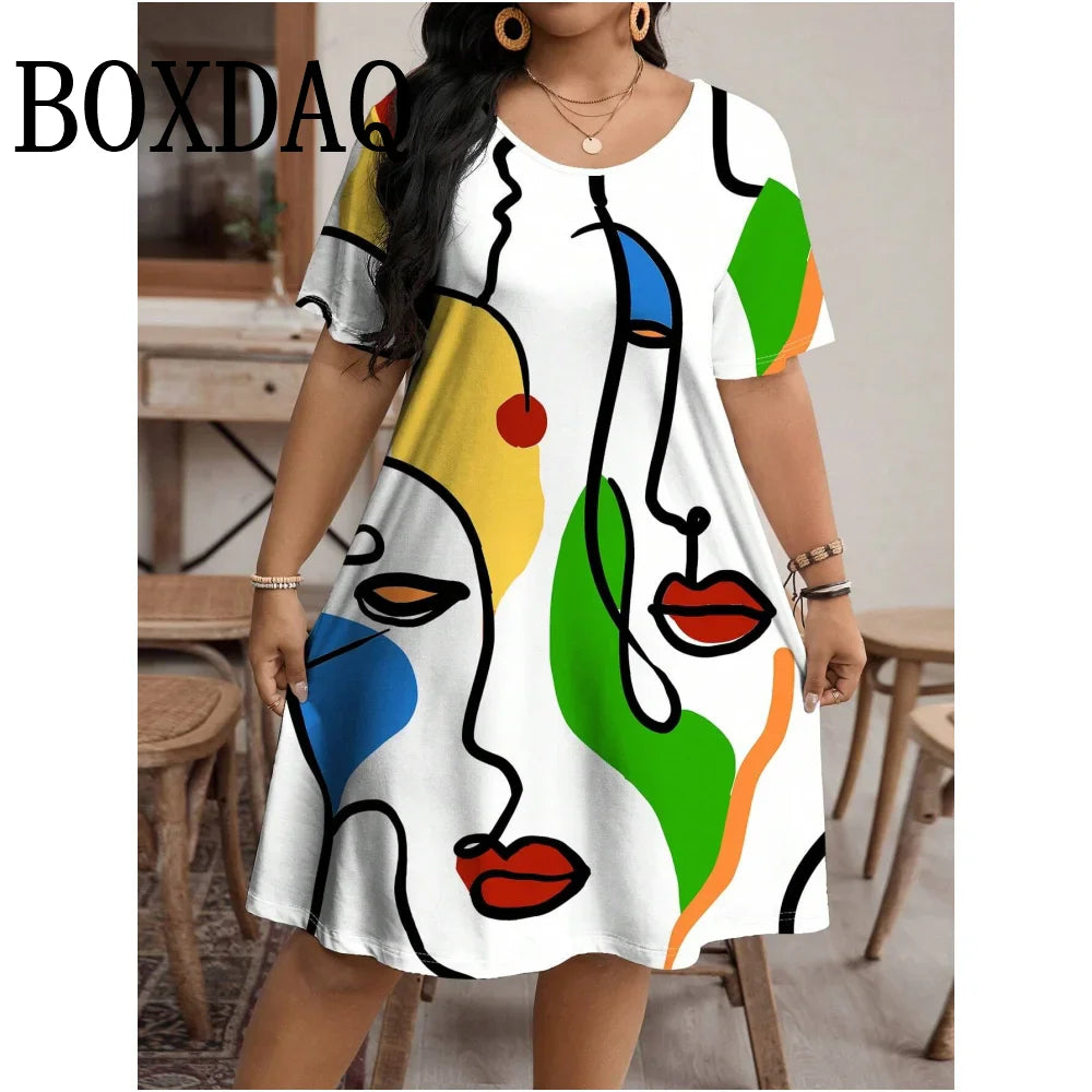 Fashion Women Clothing Artistic Face Line 3D Print Dresses Summer Loose Plus Size Dresses Casual Short Sleeve A-Line Dresses 9XL